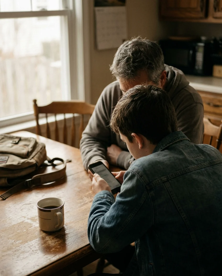 A parent and a teenager at a kitchen table reading the same phone together